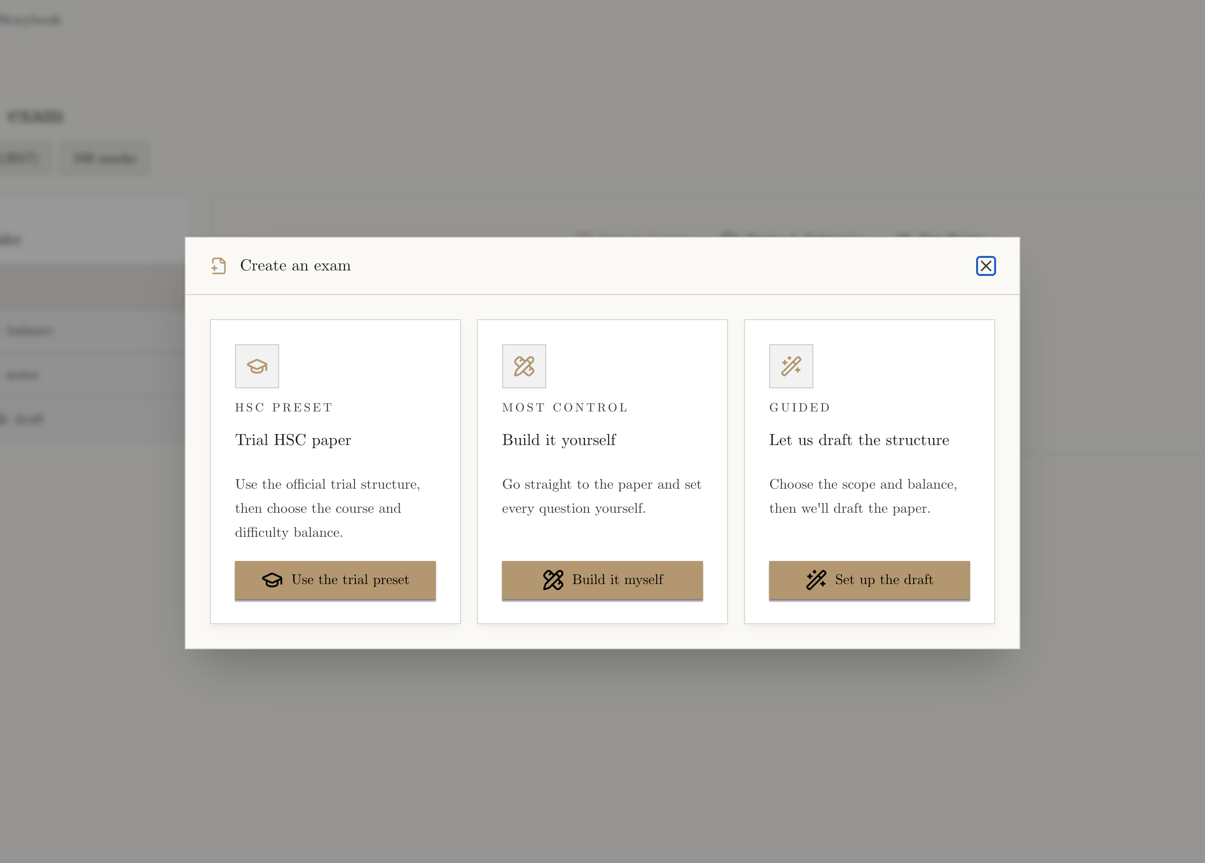 Create an exam dialog showing Trial HSC paper, Build it yourself, and Let us draft the structure