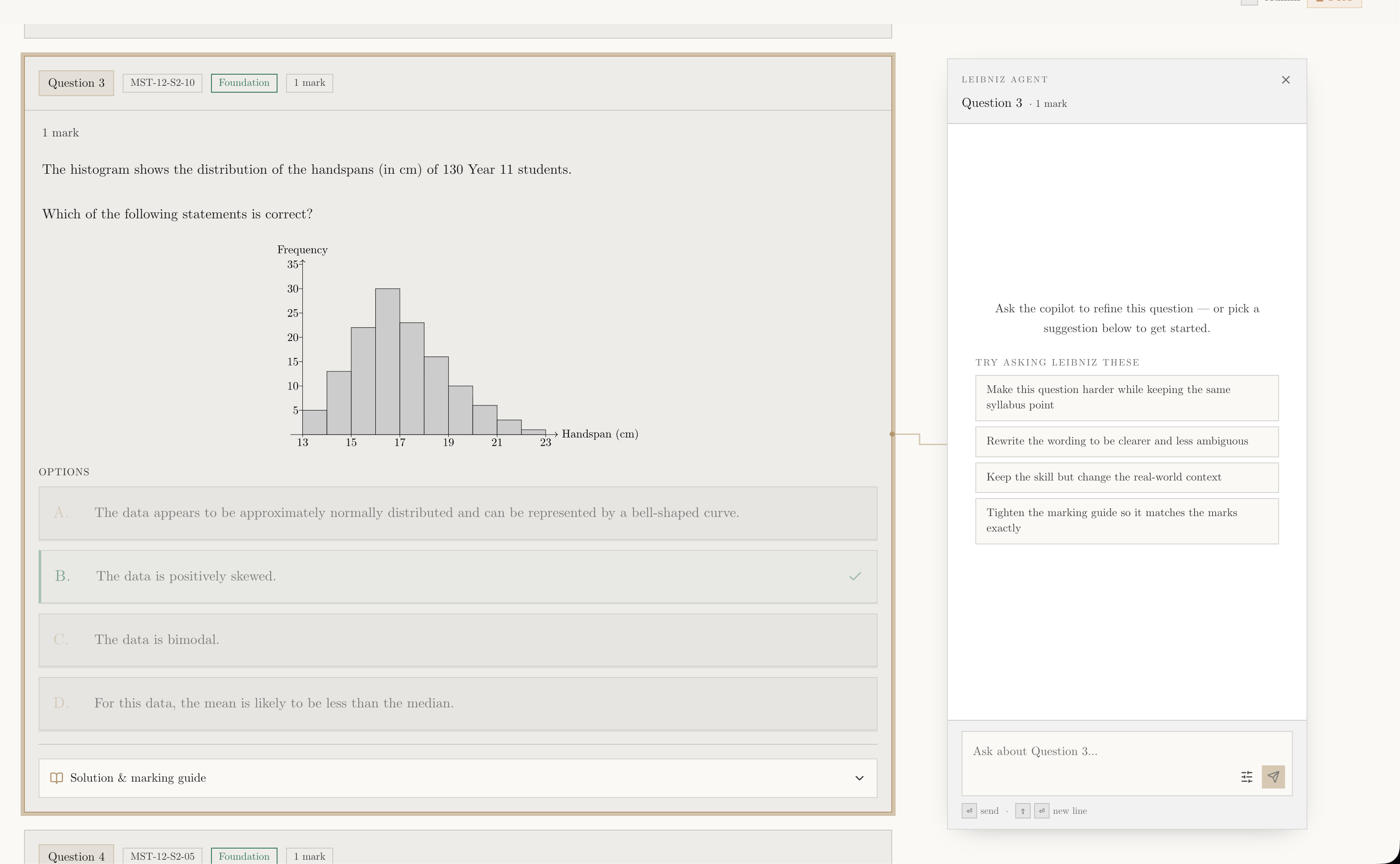 Light-mode finished exam review showing a histogram question and the docked Leibniz Agent panel