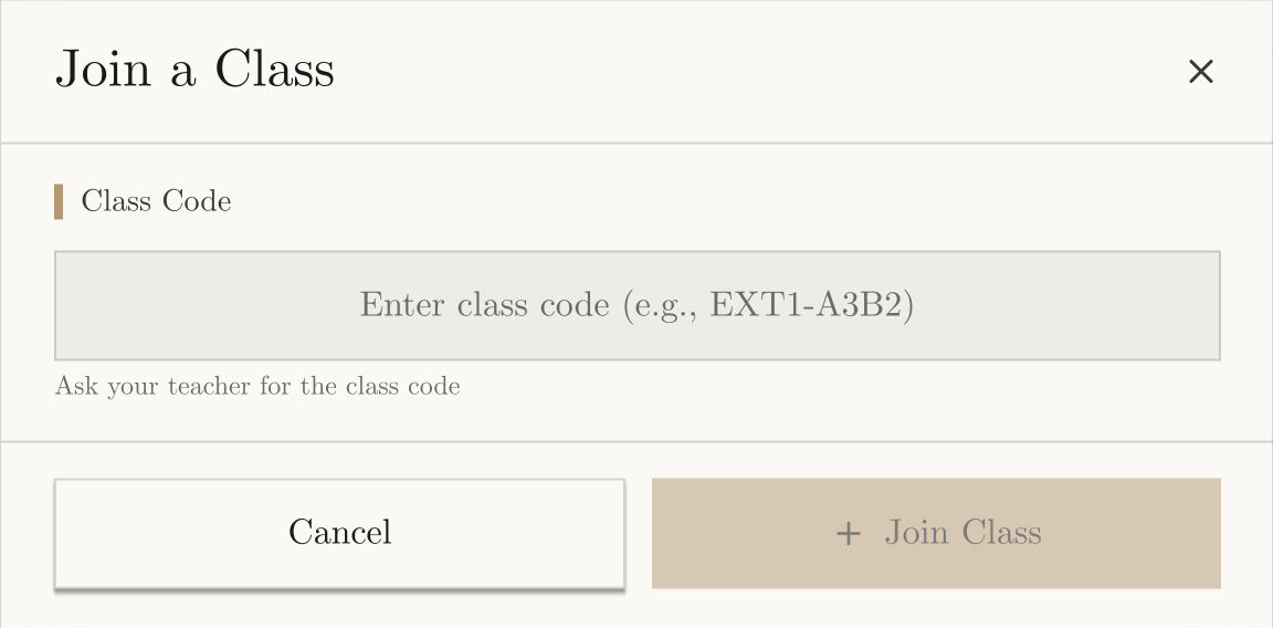 Light-mode Join a Class window with a Class Code field and Join Class button