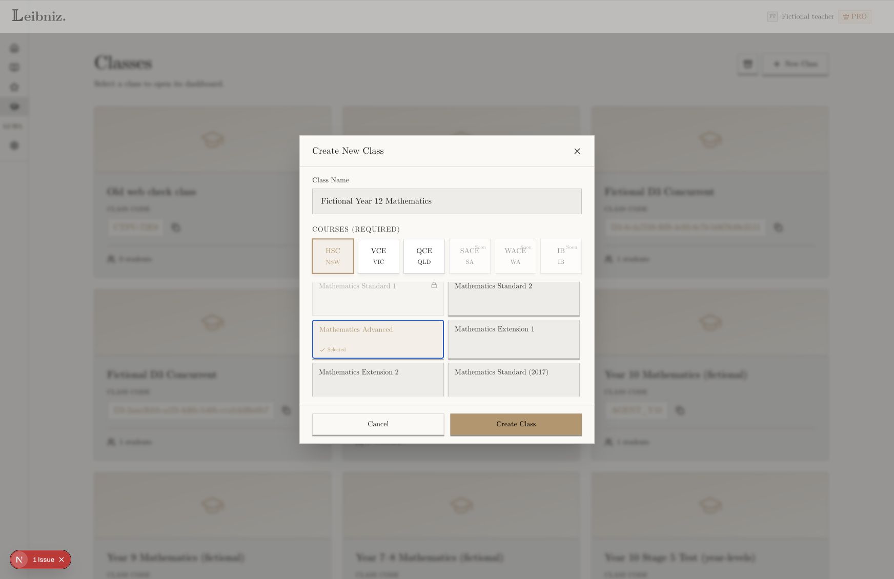 Create New Class dialog in My Classes with a class name and course selection