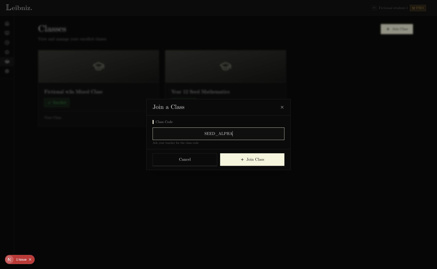 Signed-in student entering their teacher’s class code in the Join a Class dialog