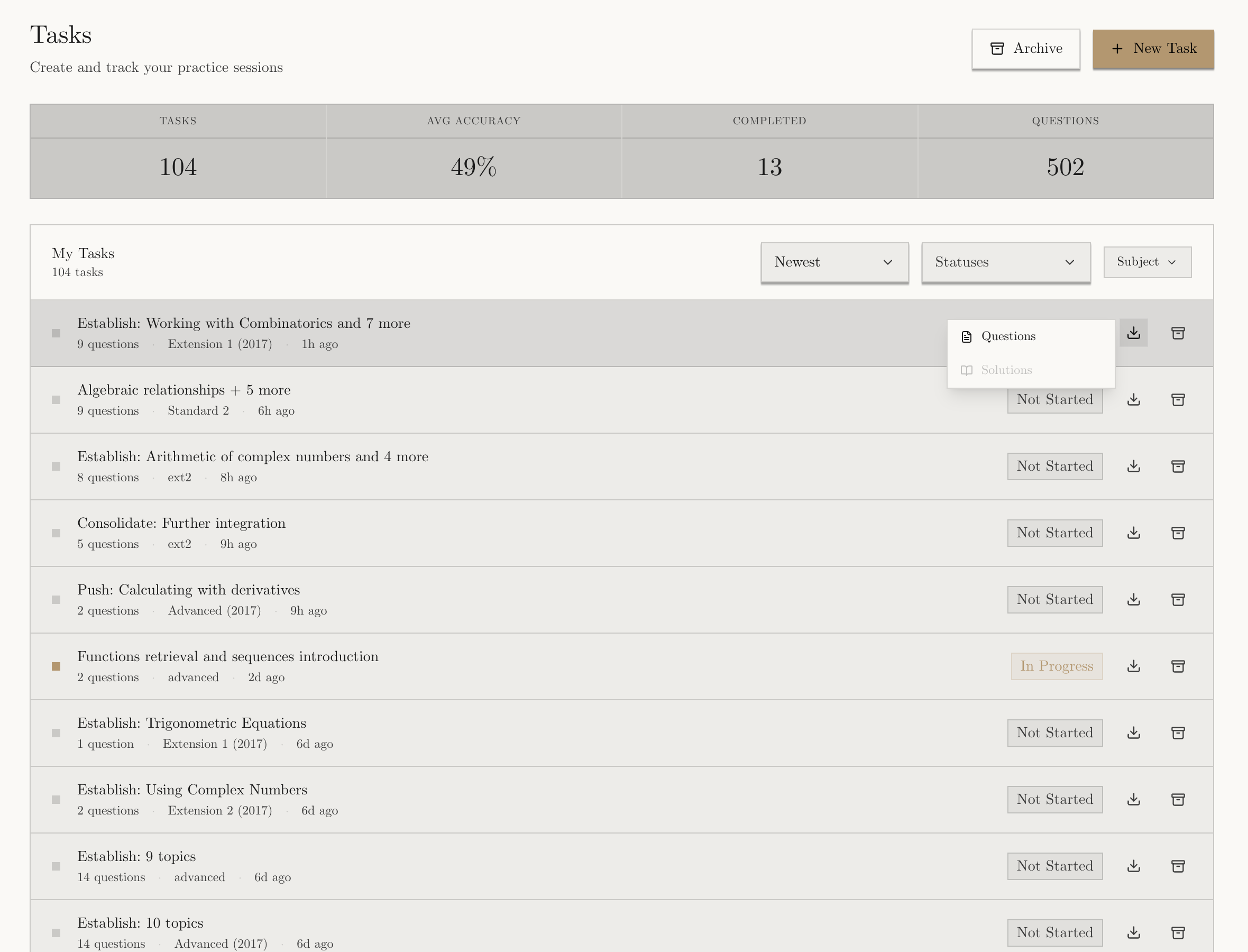 Light-mode Tasks page with the Download menu open and Questions available while Solutions is disabled