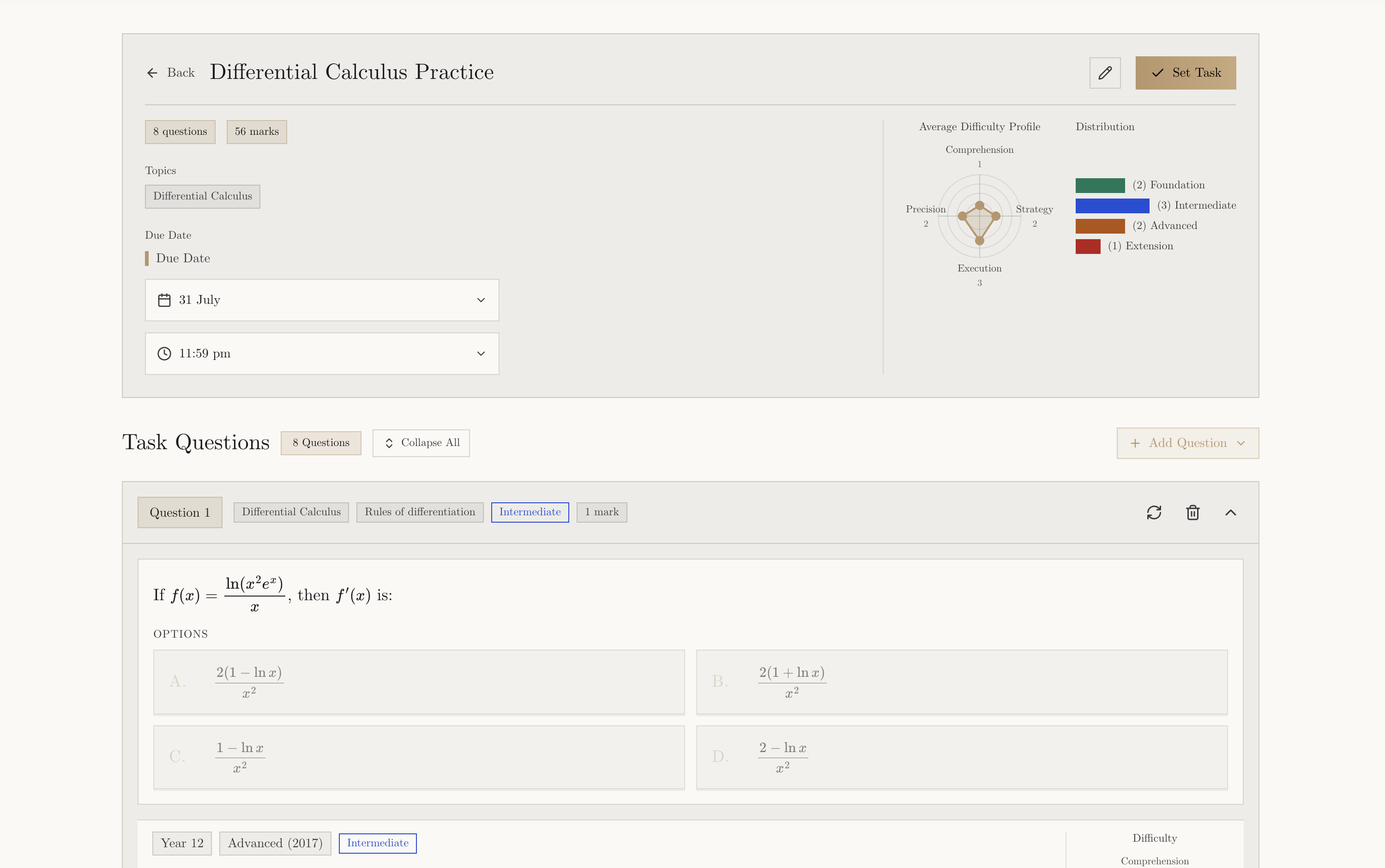 Light-mode compiled worksheet review with Set Task, due date, difficulty profile, Add Question, Replace, and Remove controls